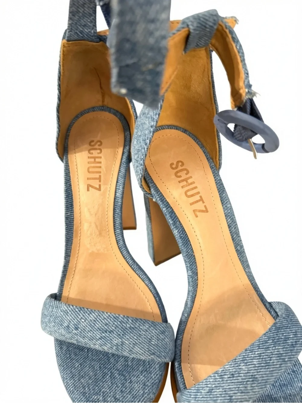 Schutz Eduarda Blue Denim Ankle Strap Chunky Platform Sandals 5.5B NWOT